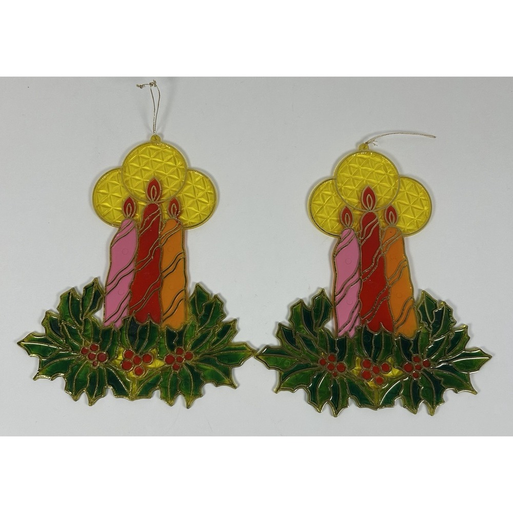 Pair of VTG Christmas Plastic Suncatcher Hanging Decor Holly Candles 8.5"